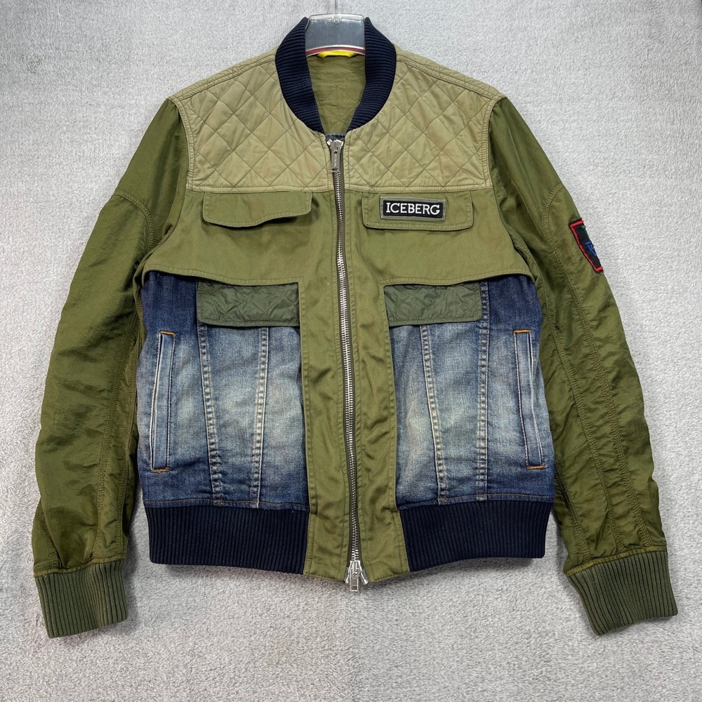 Iceberg Jacket Men XL Green Bomber Mixed Media Quilted Denim